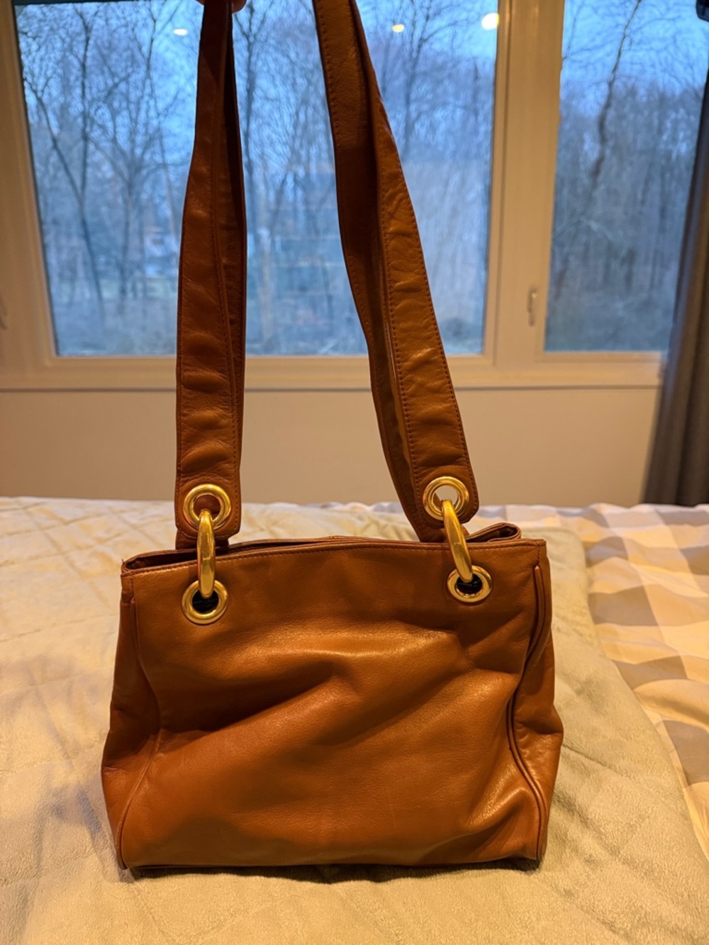 Lord & Taylor Tan Brown Leather Shoulder Bag with Gold Hardware